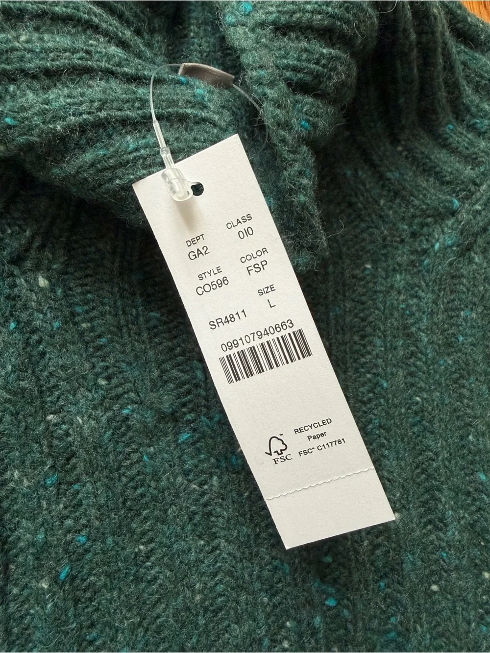 J.Crew ribbed turtleneck sweater in donegal wool blend, Forest Green, L, NWT